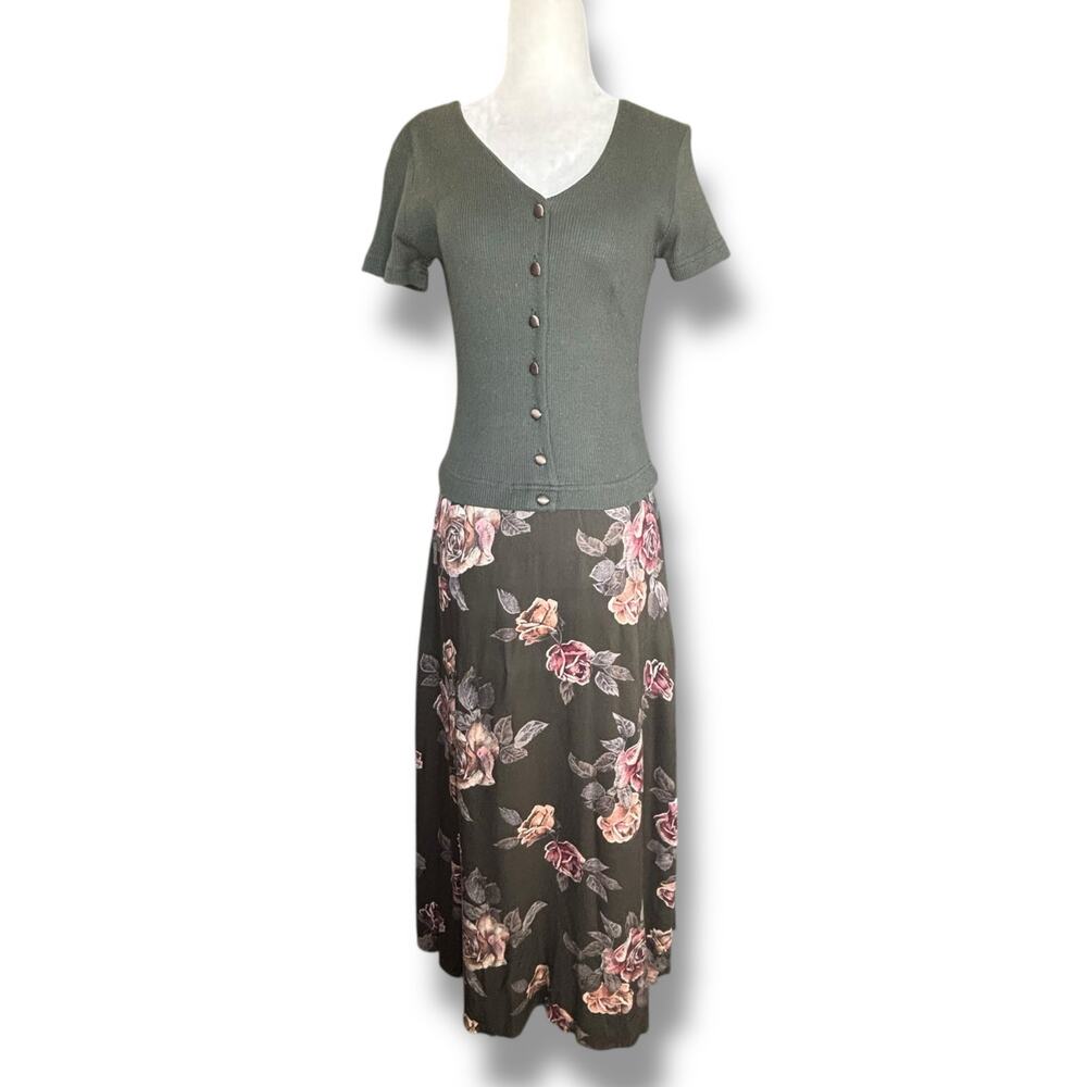 Vintage 90s Faux Two Piece Forrest Green Baby Pink Knit Top Dark Floral Maxi - Picture 7 of 7